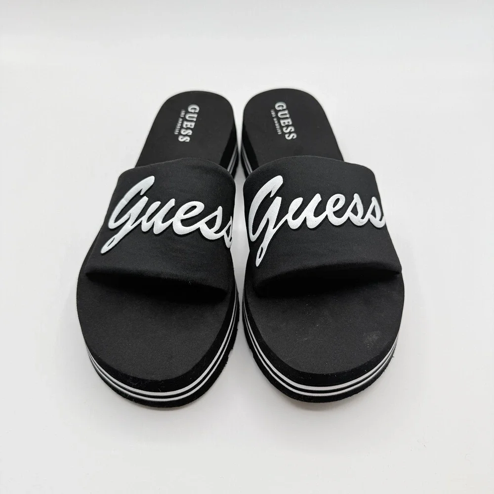 Guess Slide Sandals Womens 8 Black Script Logo Striped Foam Platform Y2K